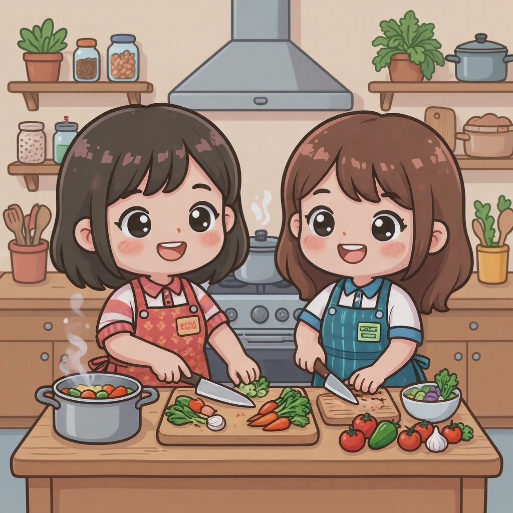 エプロン姿で調理実習をする生徒たちのイラスト（デフォルメ）