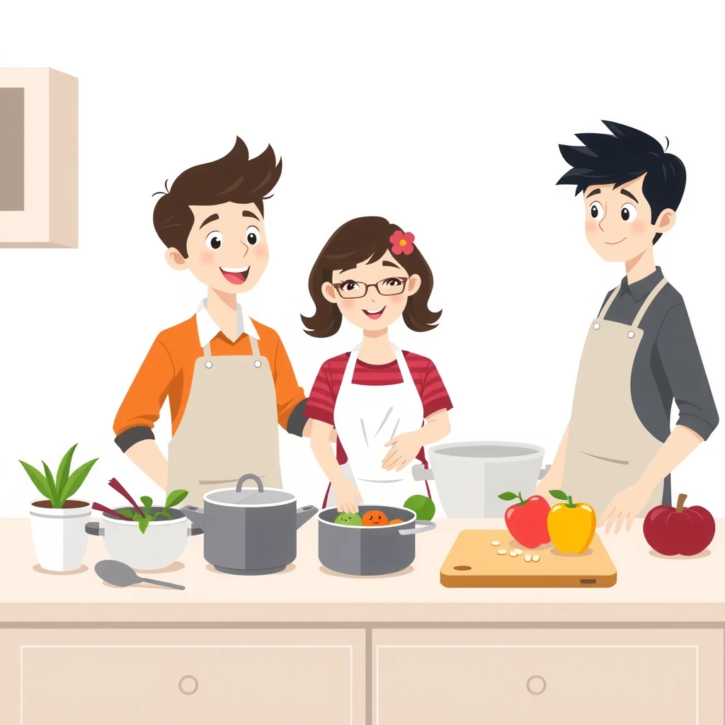 エプロン姿で調理実習をする生徒たちのフラットイラスト