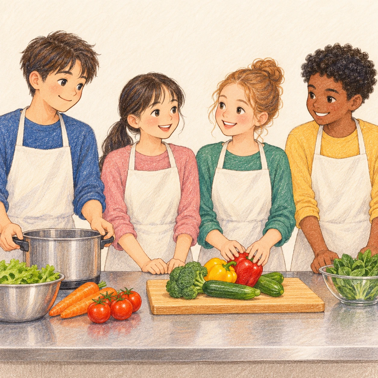 エプロン姿で調理実習をする生徒たちのイラスト（色鉛筆）