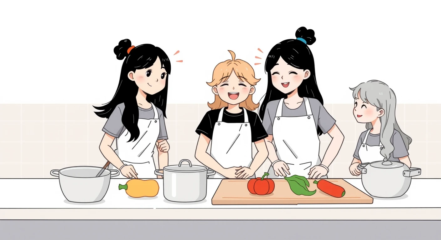 エプロン姿で調理実習をする生徒たちのパステル調のイラスト