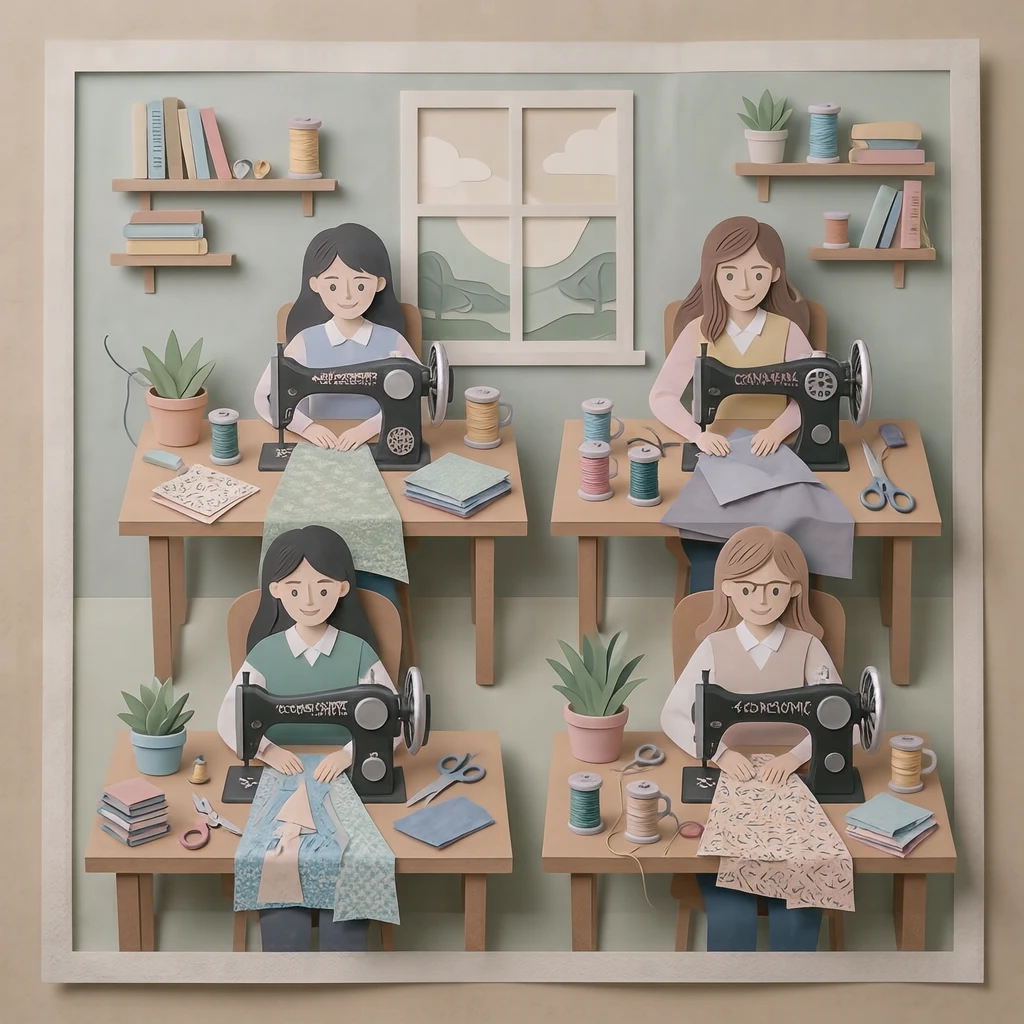 Illustration of students using sewing machines in a home economics class (paper cut-out)