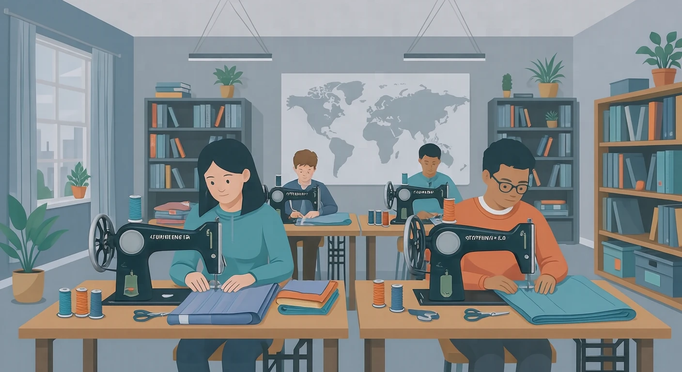 家庭科の授業でミシンを使う生徒たちのイラスト（フラットイラスト）