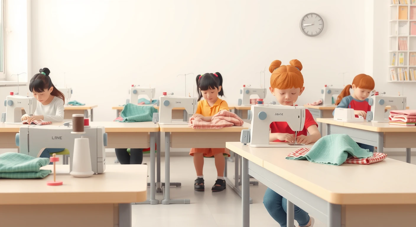 家庭科の授業でミシンを使う生徒たちのイラスト