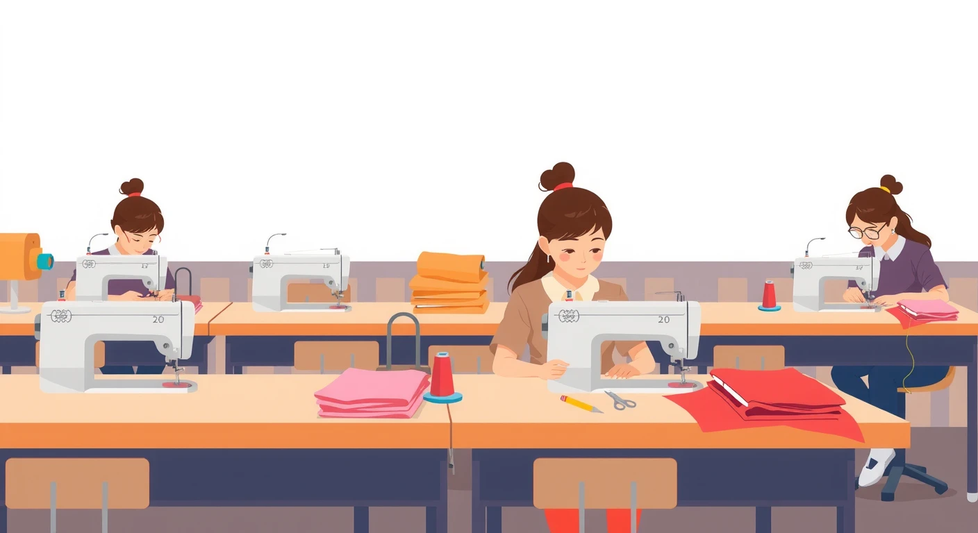 家庭科の授業でミシンを使う生徒たちのイラスト