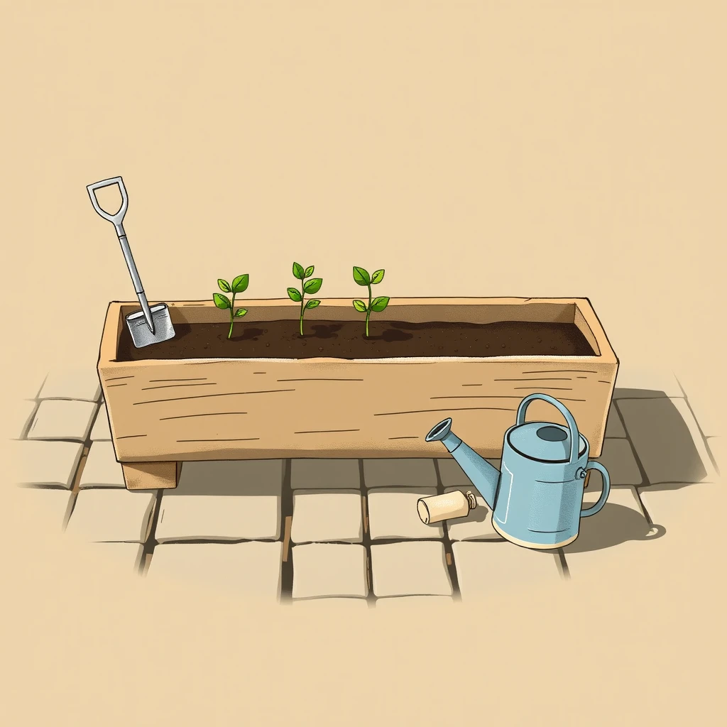 苗を植えたプランターとスコップ・じょうろのポスター風イラスト風イラスト