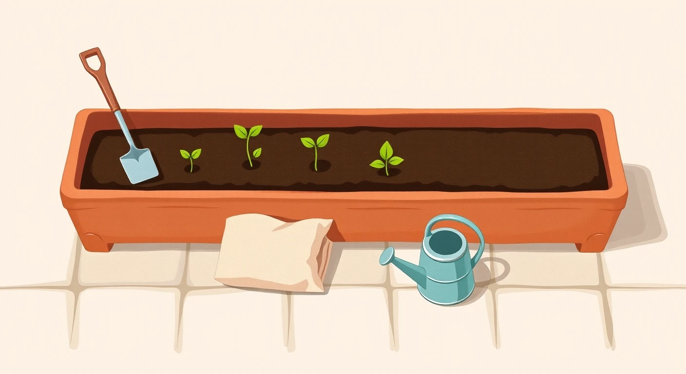 苗を植えたプランターとスコップ・じょうろのパステル調のイラスト風イラスト