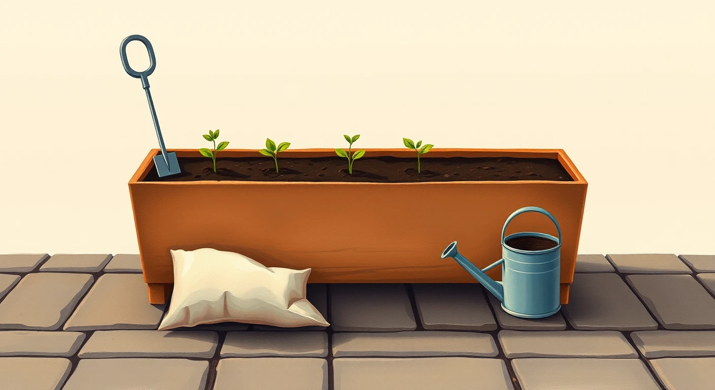 苗を植えたプランターとスコップ・じょうろのグアッシュ画風イラスト風イラスト