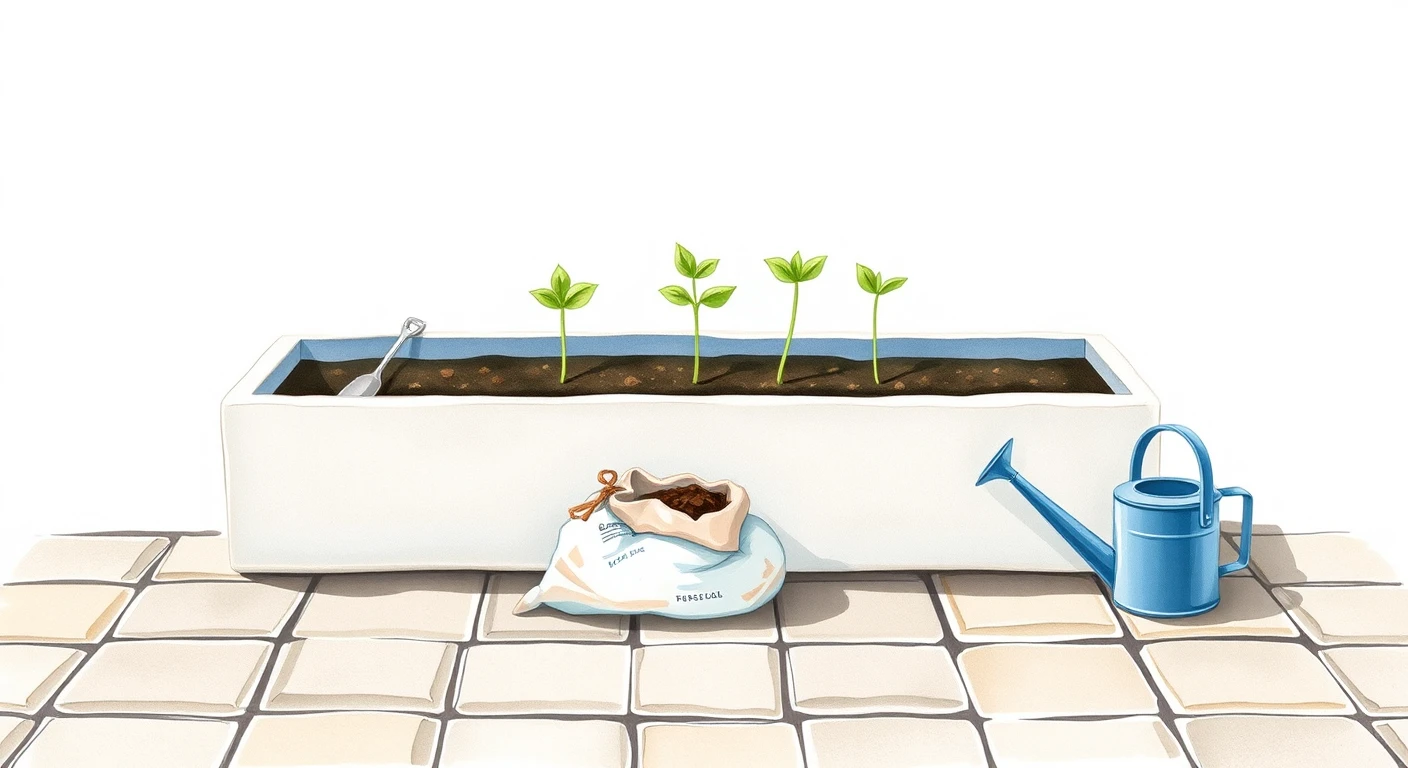苗を植えたプランターとスコップ・じょうろの水彩イラスト風イラスト