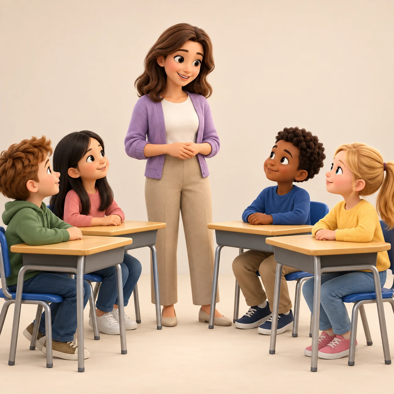 Illustration of a homeroom teacher talking to students in the morning (soft 3D)