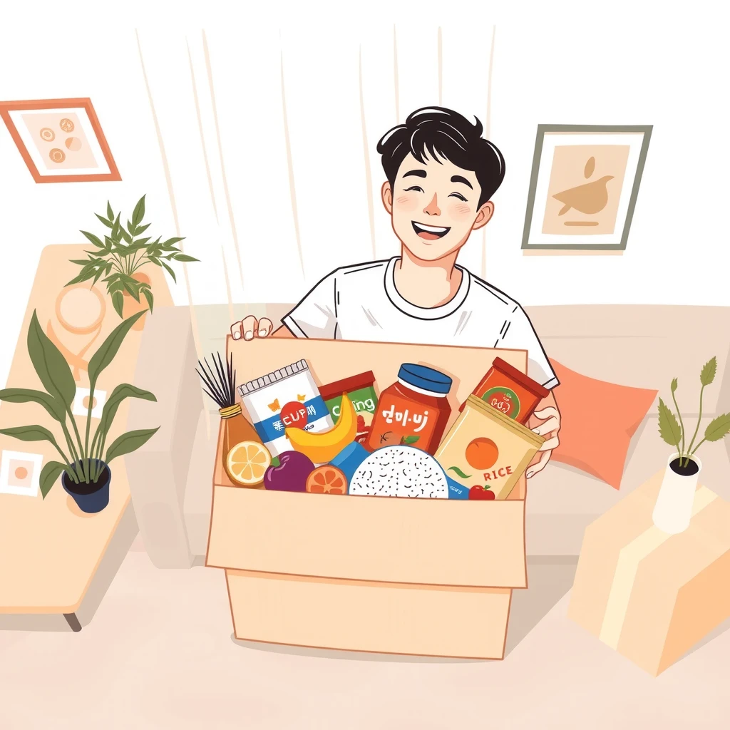 ふるさと納税の返礼品が届いて箱を開ける人のフラットイラスト