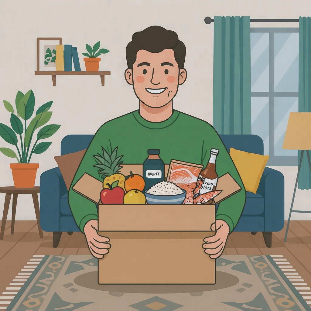 ふるさと納税の返礼品が届いて箱を開ける人のイラスト（フラットイラスト）