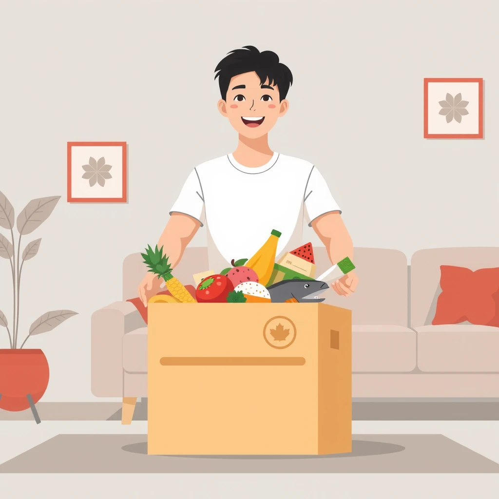 ふるさと納税の返礼品が届いて箱を開ける人のフラットイラスト