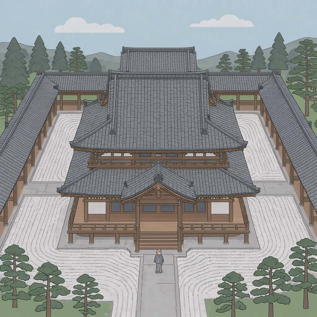 世界遗产法隆寺金堂与回廊插画（扁平插画）