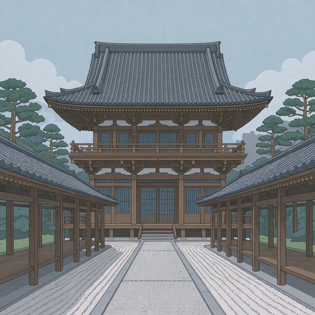 世界遗产法隆寺金堂与回廊插画（扁平插画）