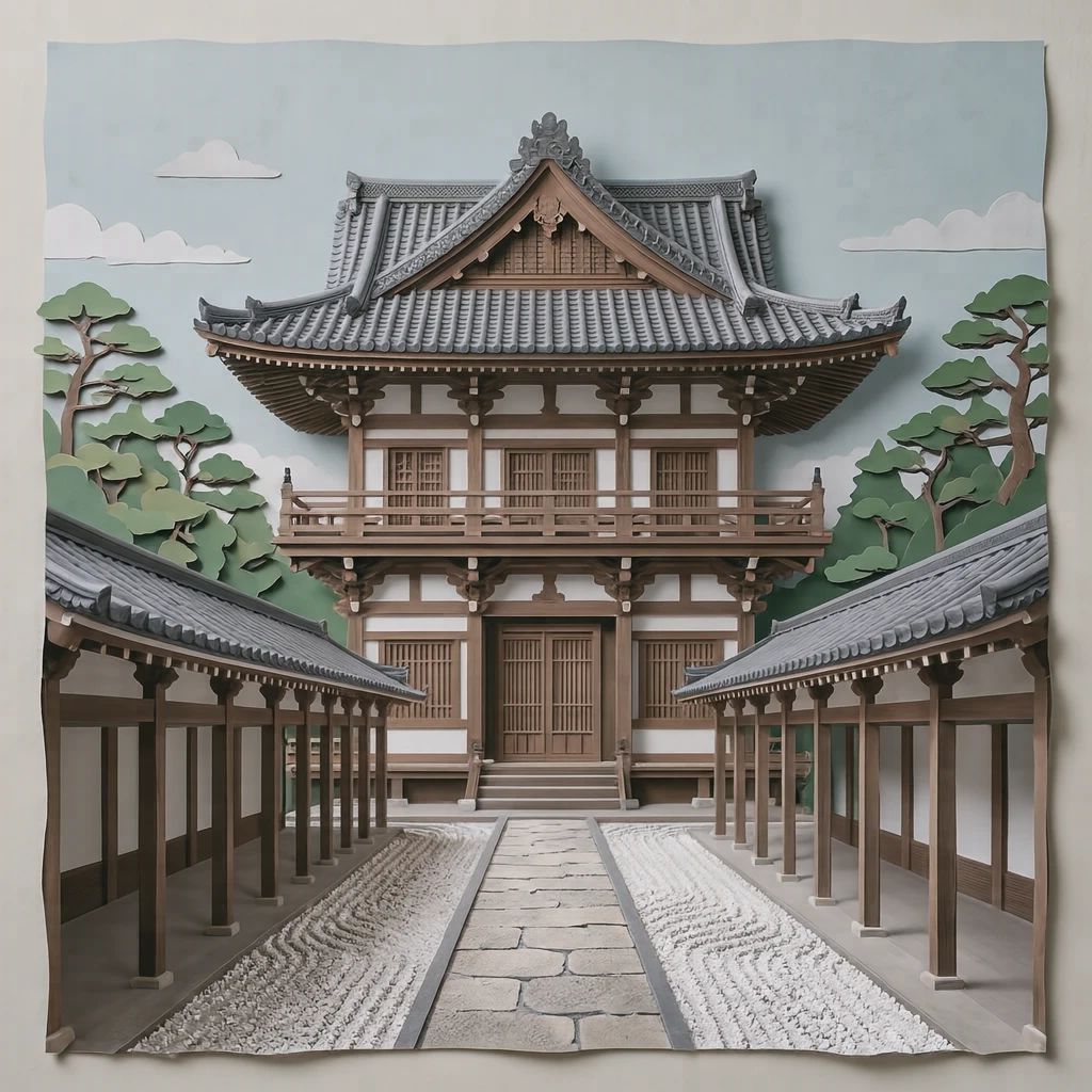 世界遗产法隆寺金堂与回廊插画（剪纸风）