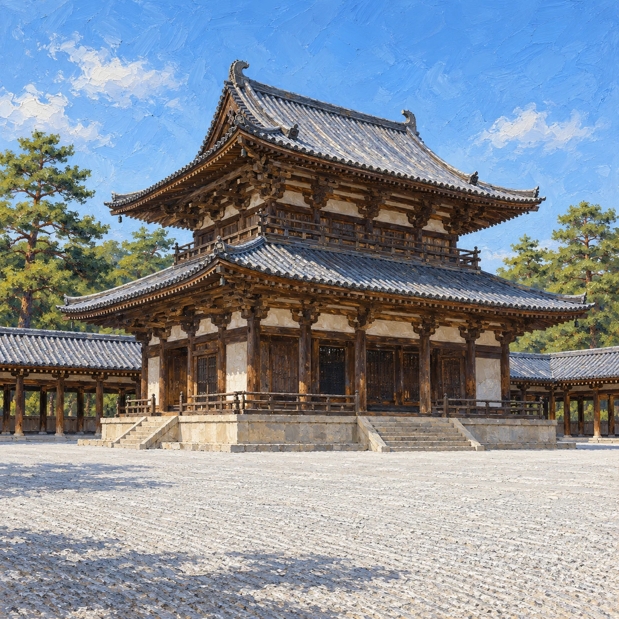 世界遺産・法隆寺の金堂と回廊のイラスト（油彩）