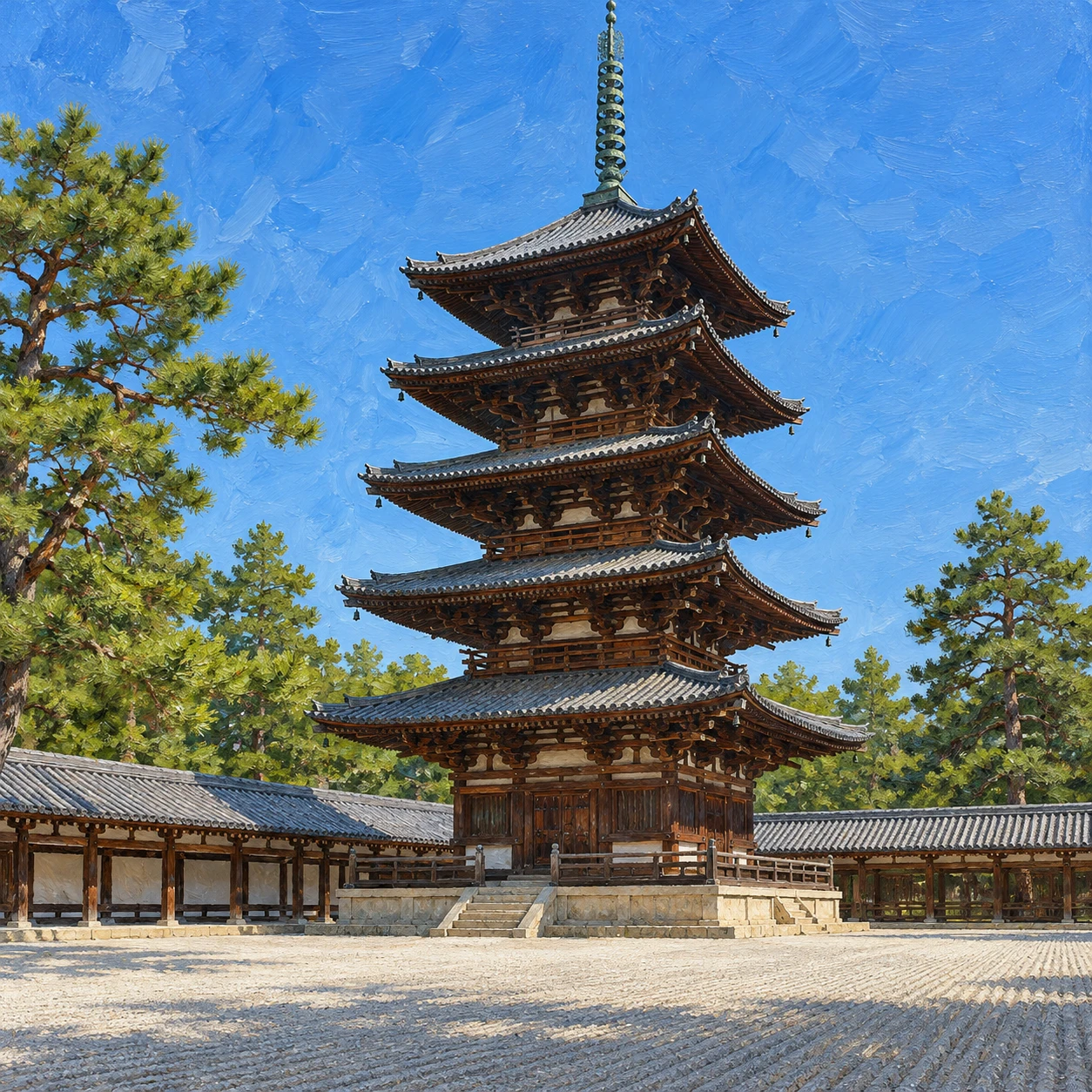 世界遺産・法隆寺の五重塔のイラスト（油彩）