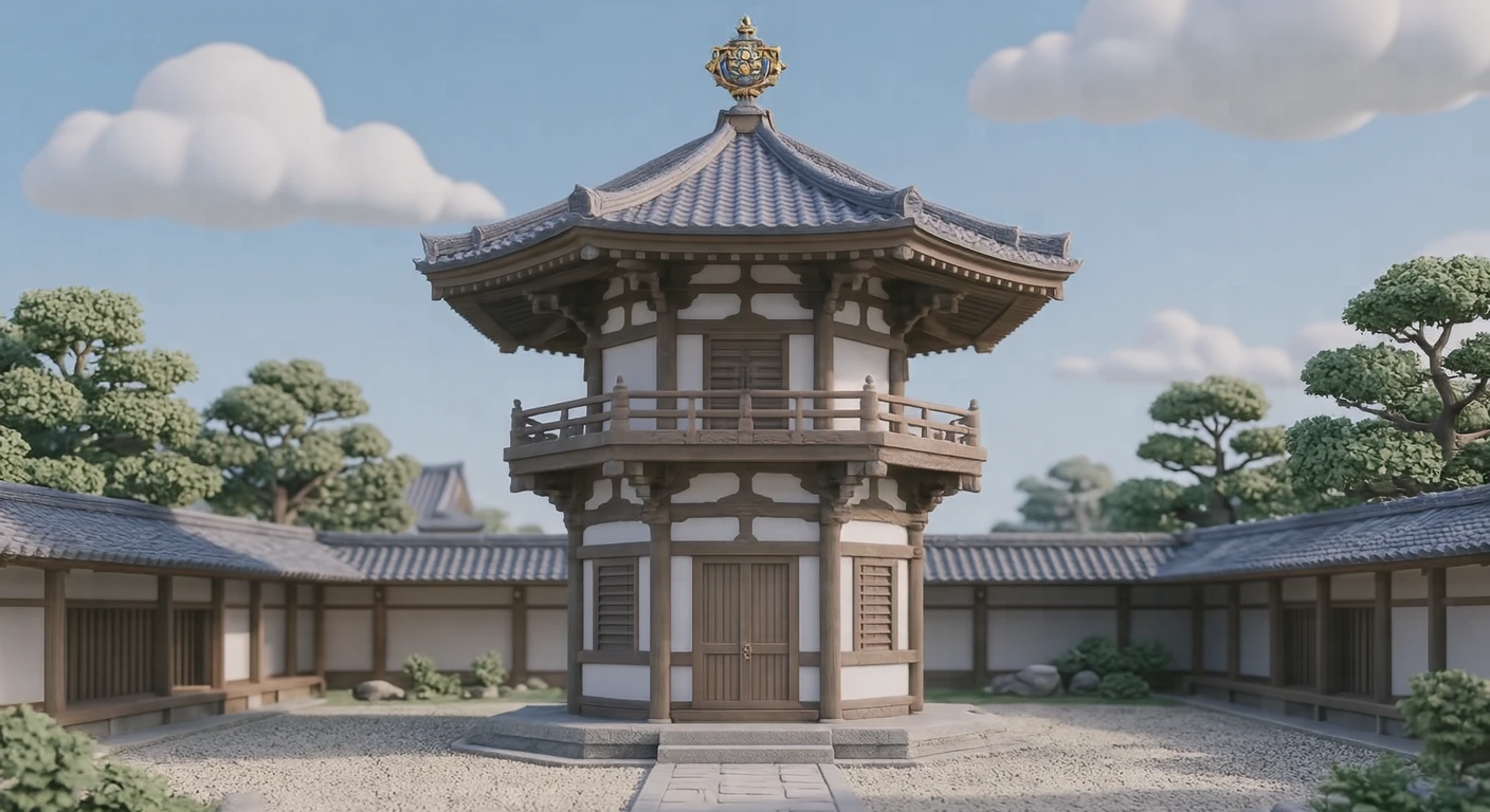 世界遗产法隆寺八角形梦殿插画（柔和3D）