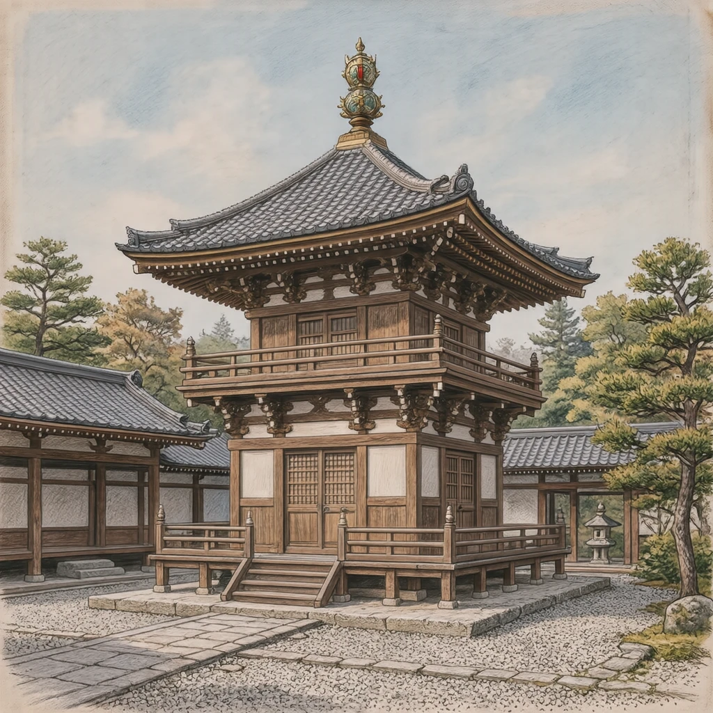 世界遗产法隆寺八角形梦殿插画（彩铅）