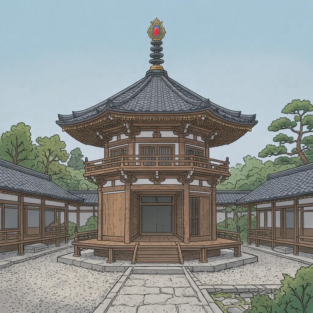 世界遗产法隆寺八角形梦殿插画（随性卡通）