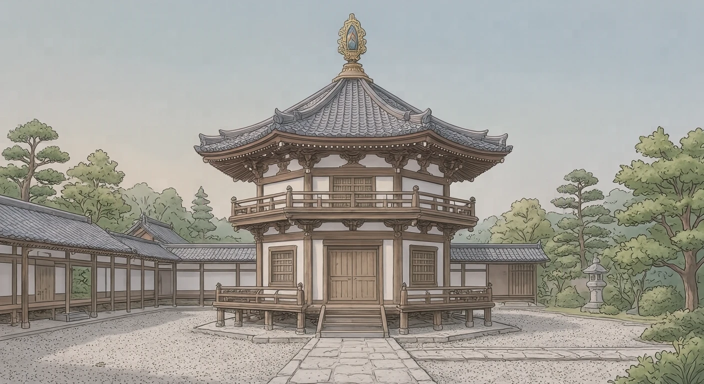 世界遗产法隆寺八角形梦殿插画（柔和粉彩）