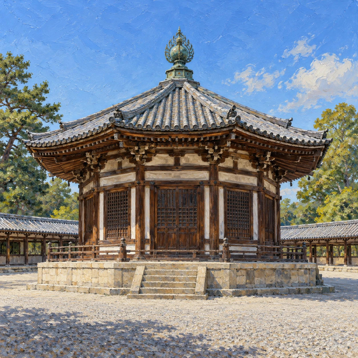 世界遺産・法隆寺の八角形の夢殿のイラスト（油彩）
