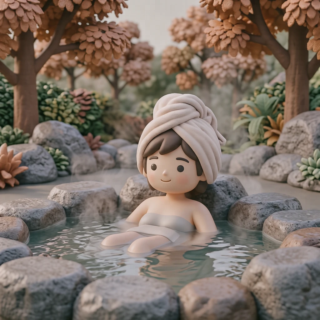 露天風呂につかってくつろぐ人のイラスト（ソフト3D）
