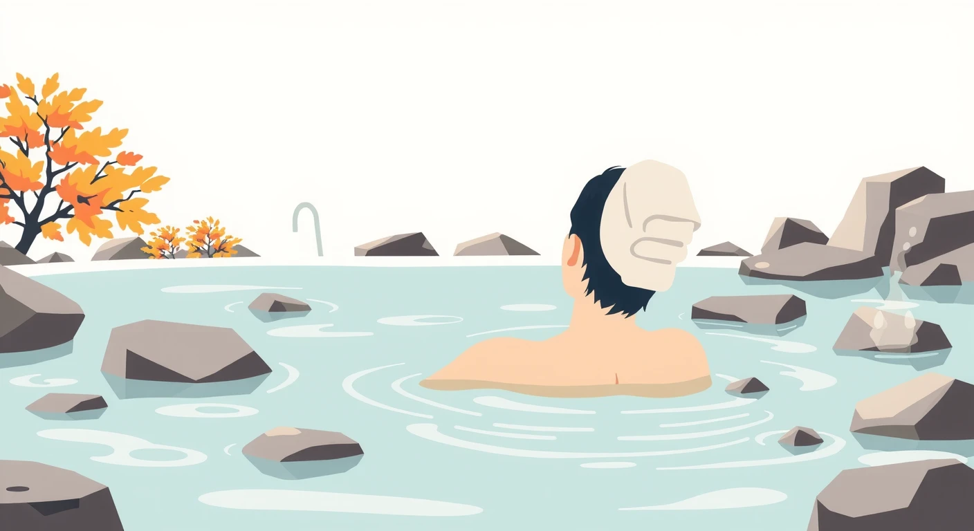 露天風呂につかってくつろぐ人のフラットイラスト