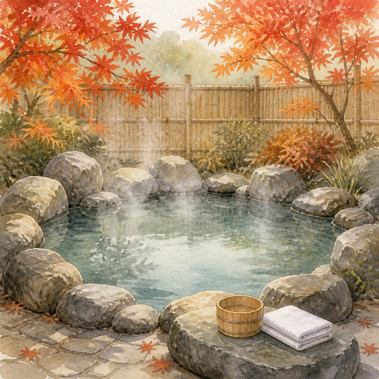露天風呂につかってくつろぐ人の水彩イラスト（水彩）