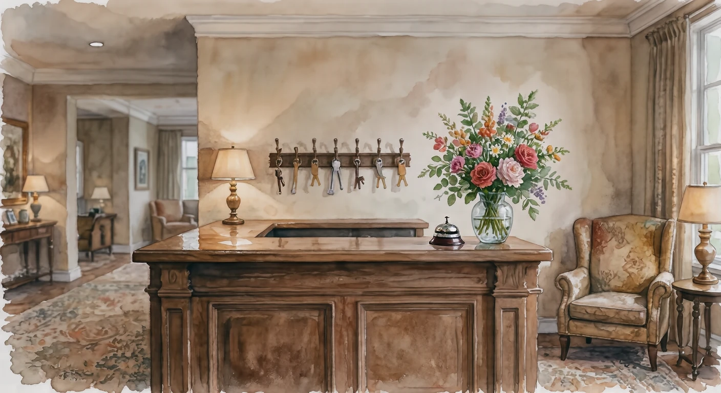 Illustration of a hotel front desk (watercolor)