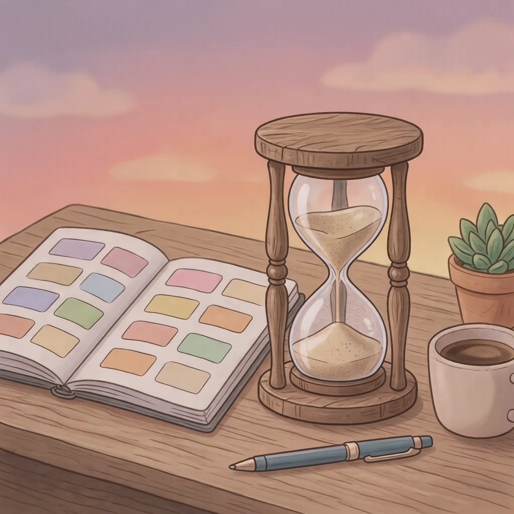 砂時計とスケジュール帳のイラスト(ソフトパステル)