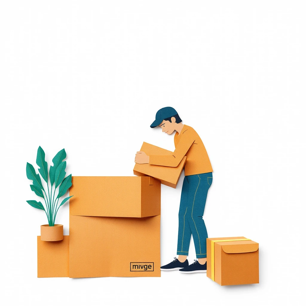 引っ越しの荷造りをする人の切り絵風イラスト
