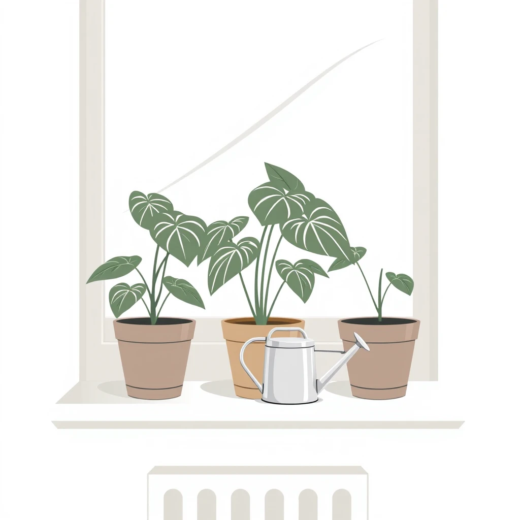 窓辺の観葉植物とじょうろのイラスト