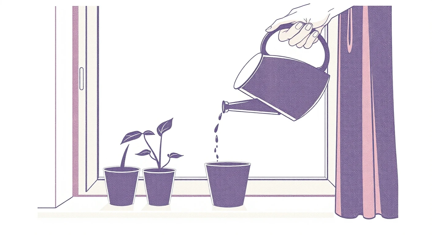 室内で観葉植物に水をやる手元のイラスト