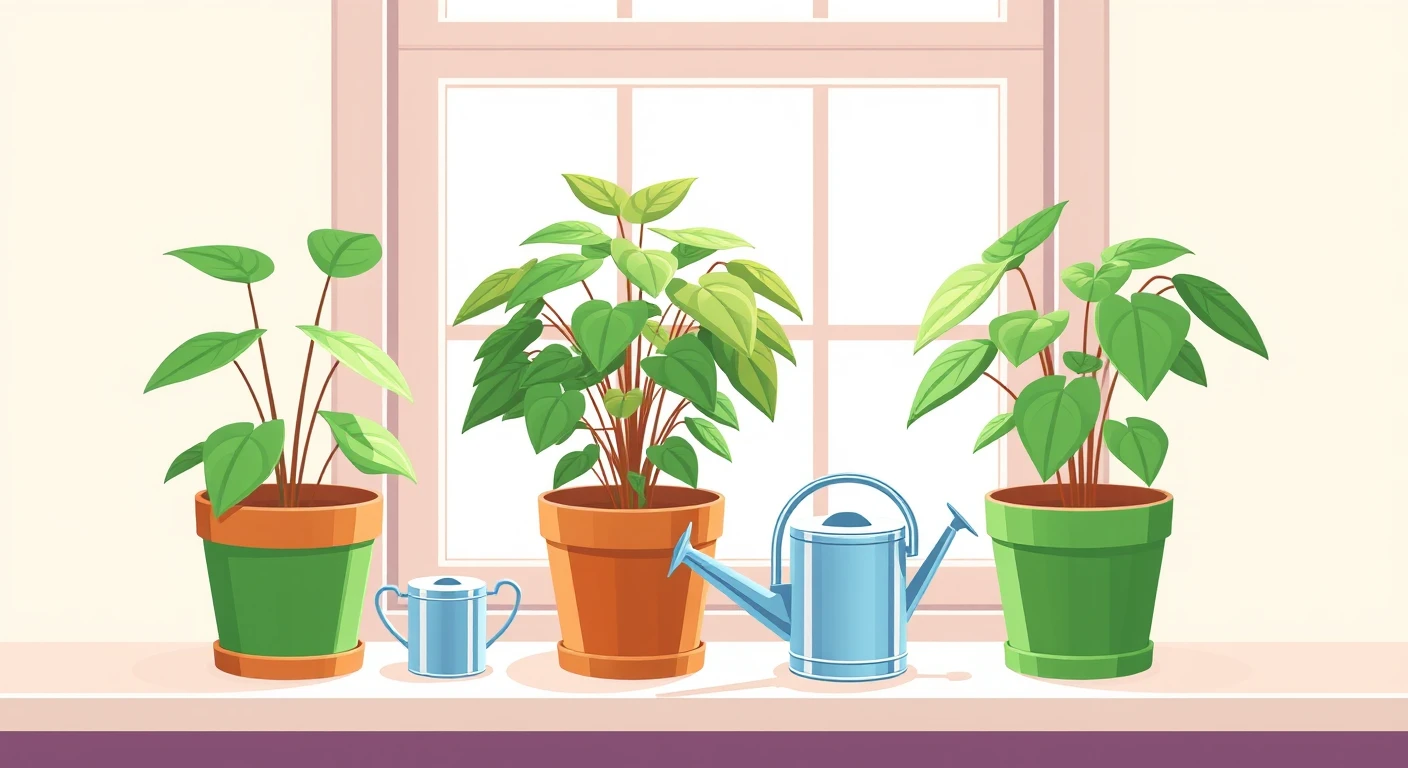 窓辺の観葉植物とじょうろのイラスト