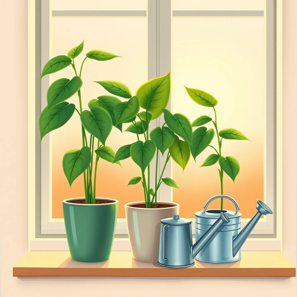 窓辺の観葉植物とじょうろのイラスト