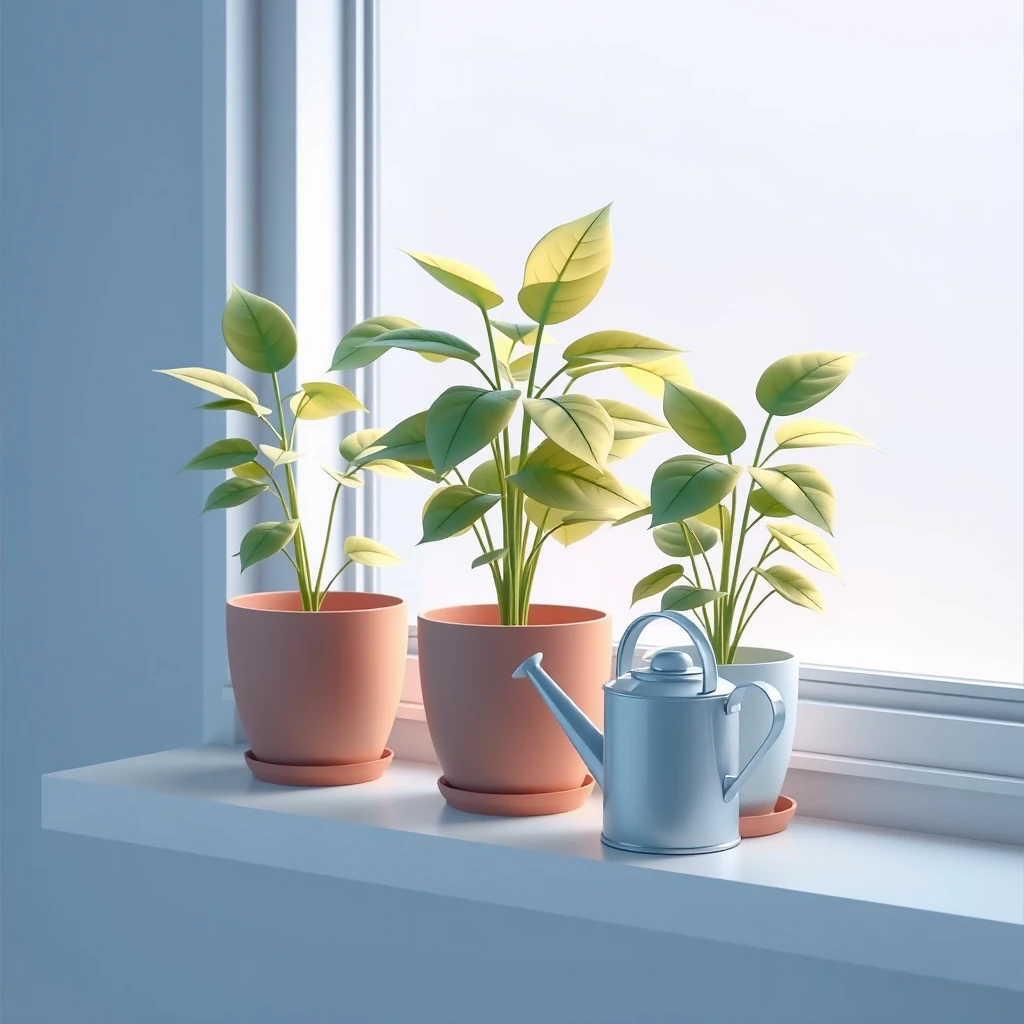 窓辺の観葉植物とじょうろのイラスト
