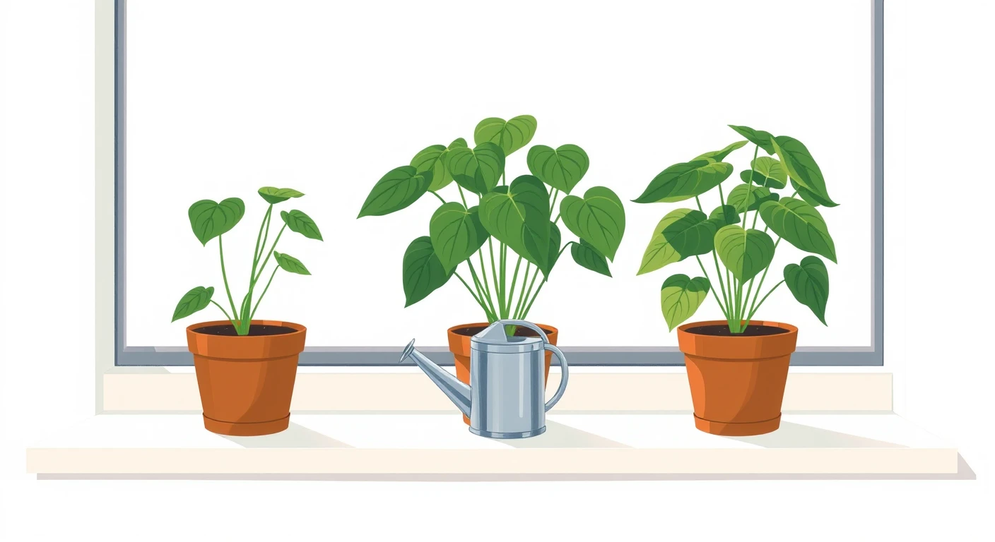 窓辺の観葉植物とじょうろのイラスト