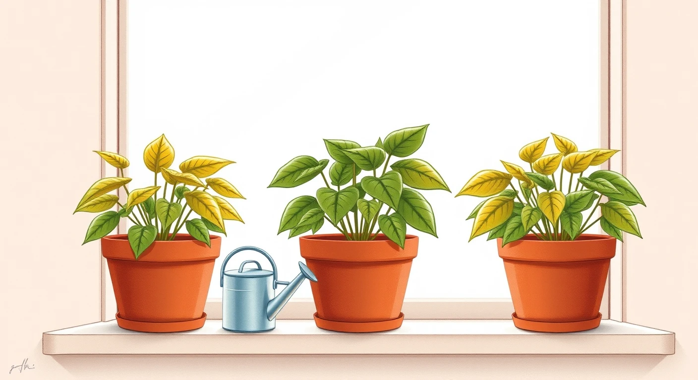 窓辺の観葉植物とじょうろのイラスト
