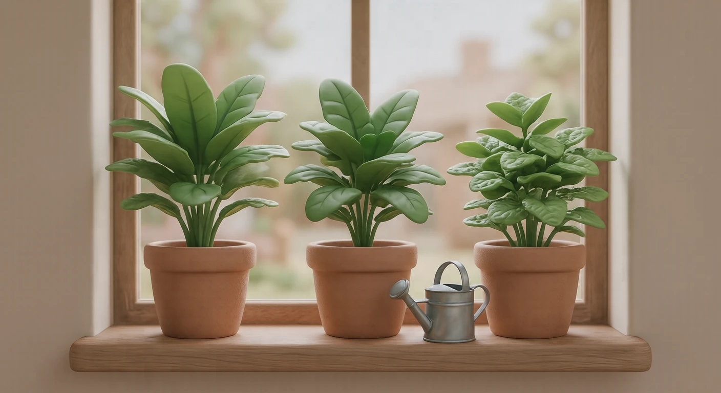 窓辺の観葉植物とじょうろのイラスト（ソフト3D）