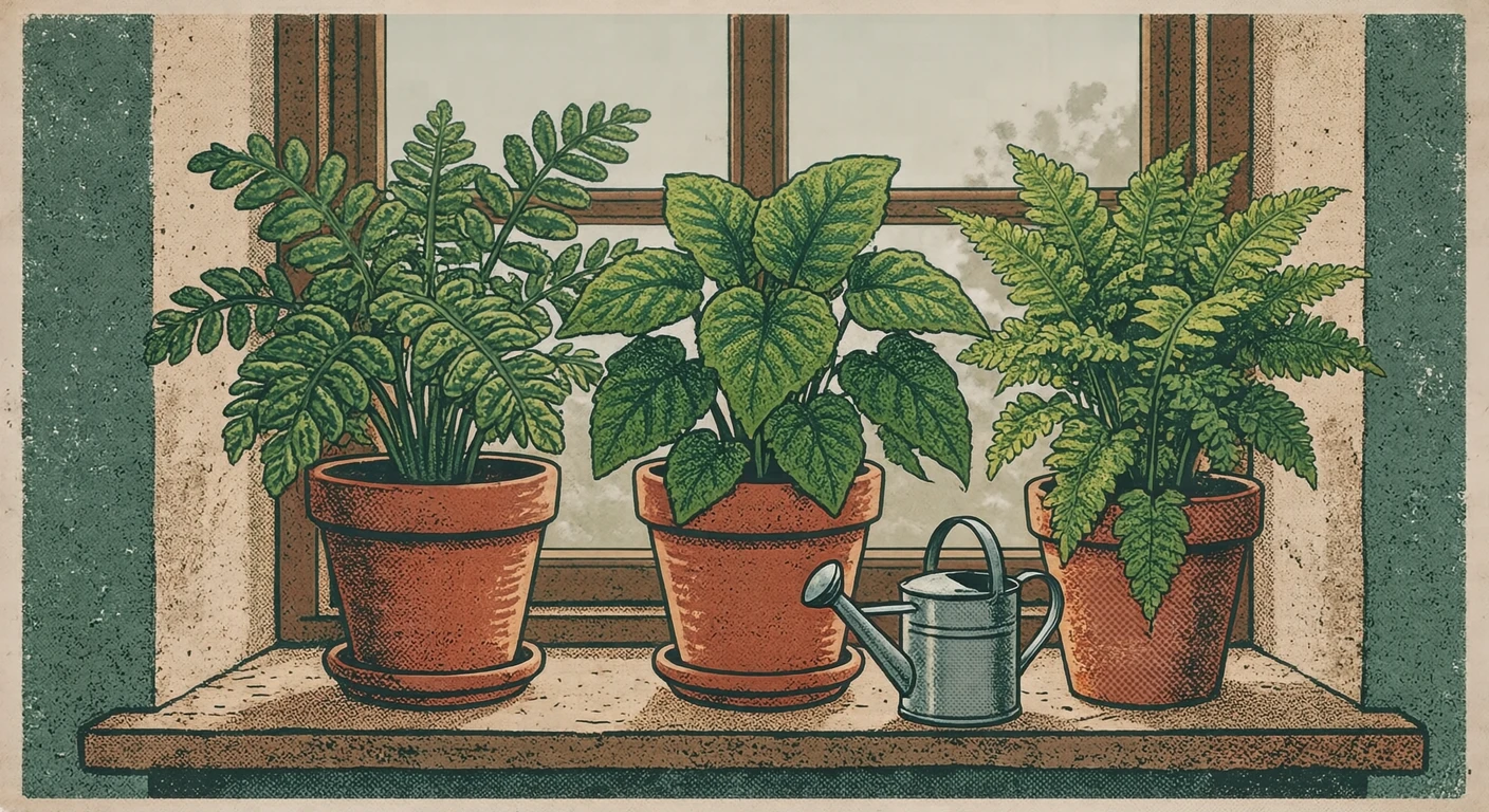 窓辺の観葉植物とじょうろのイラスト（レトロ印刷）