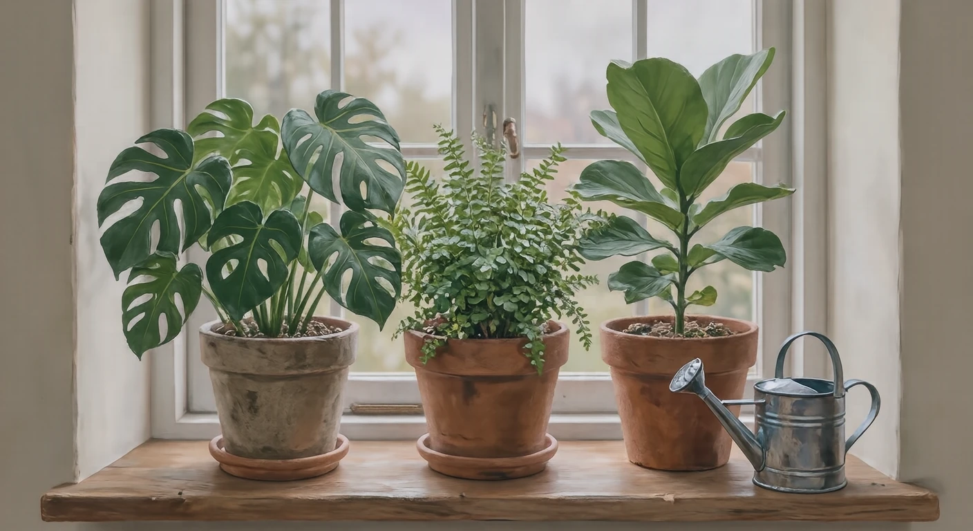 窓辺の観葉植物とじょうろのイラスト（グアッシュ）