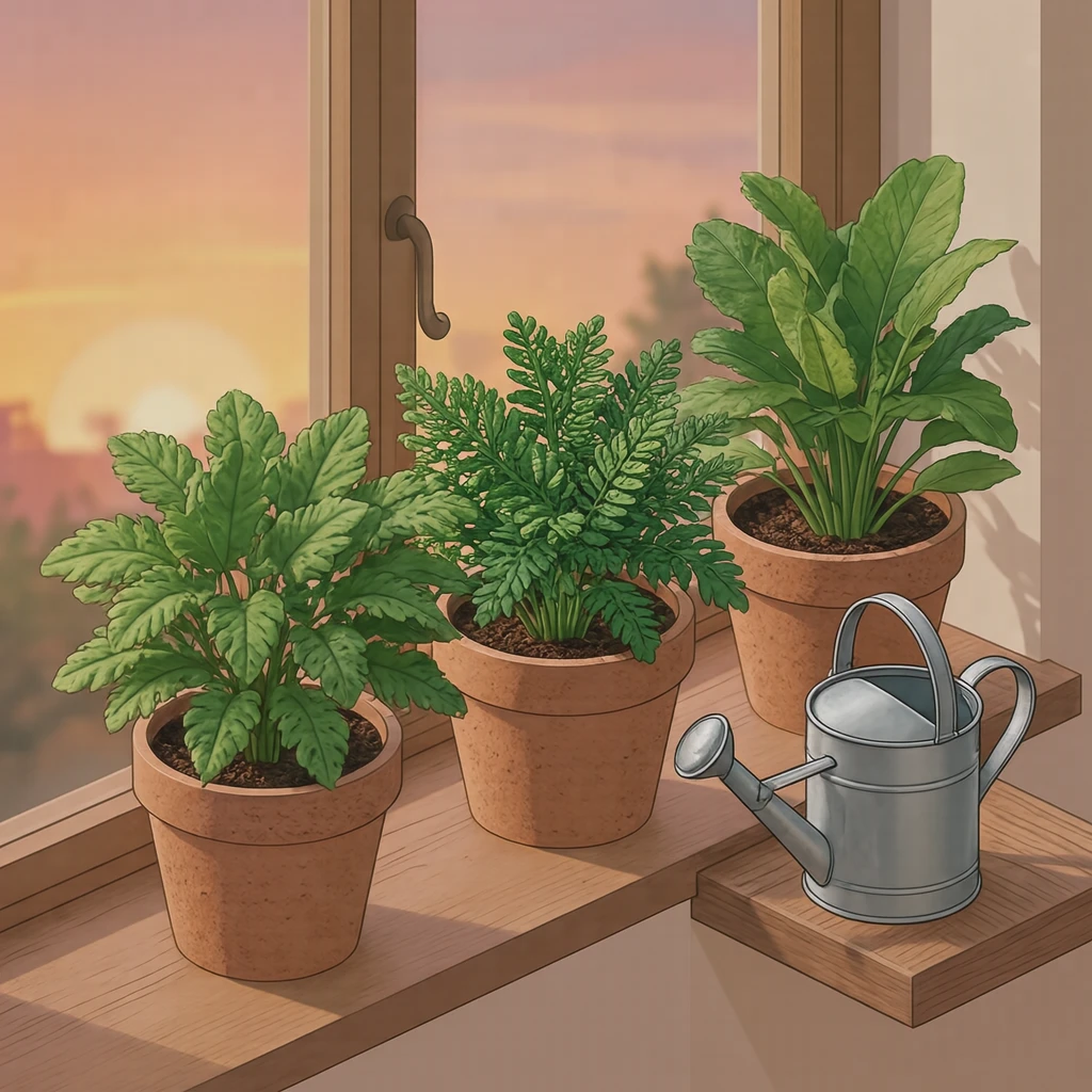 窓辺の観葉植物とじょうろのイラスト（アイソメトリック）