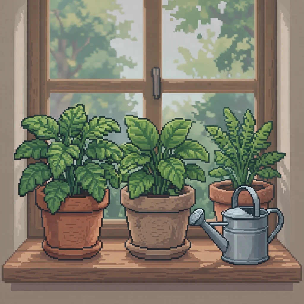 窓辺の観葉植物とじょうろのイラスト（ドット絵）
