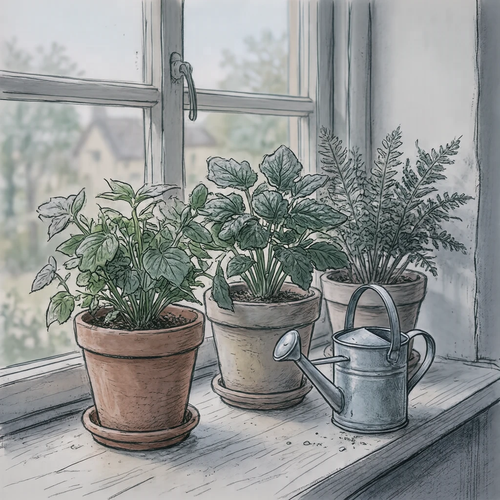 窓辺の観葉植物とじょうろのイラスト（手描き風）
