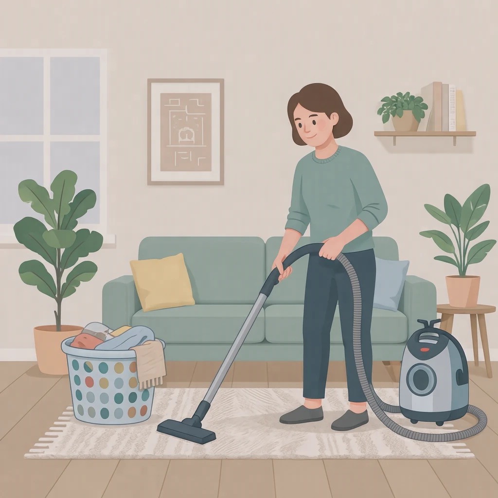 Illustration of a person vacuuming a living room (flat illustration)