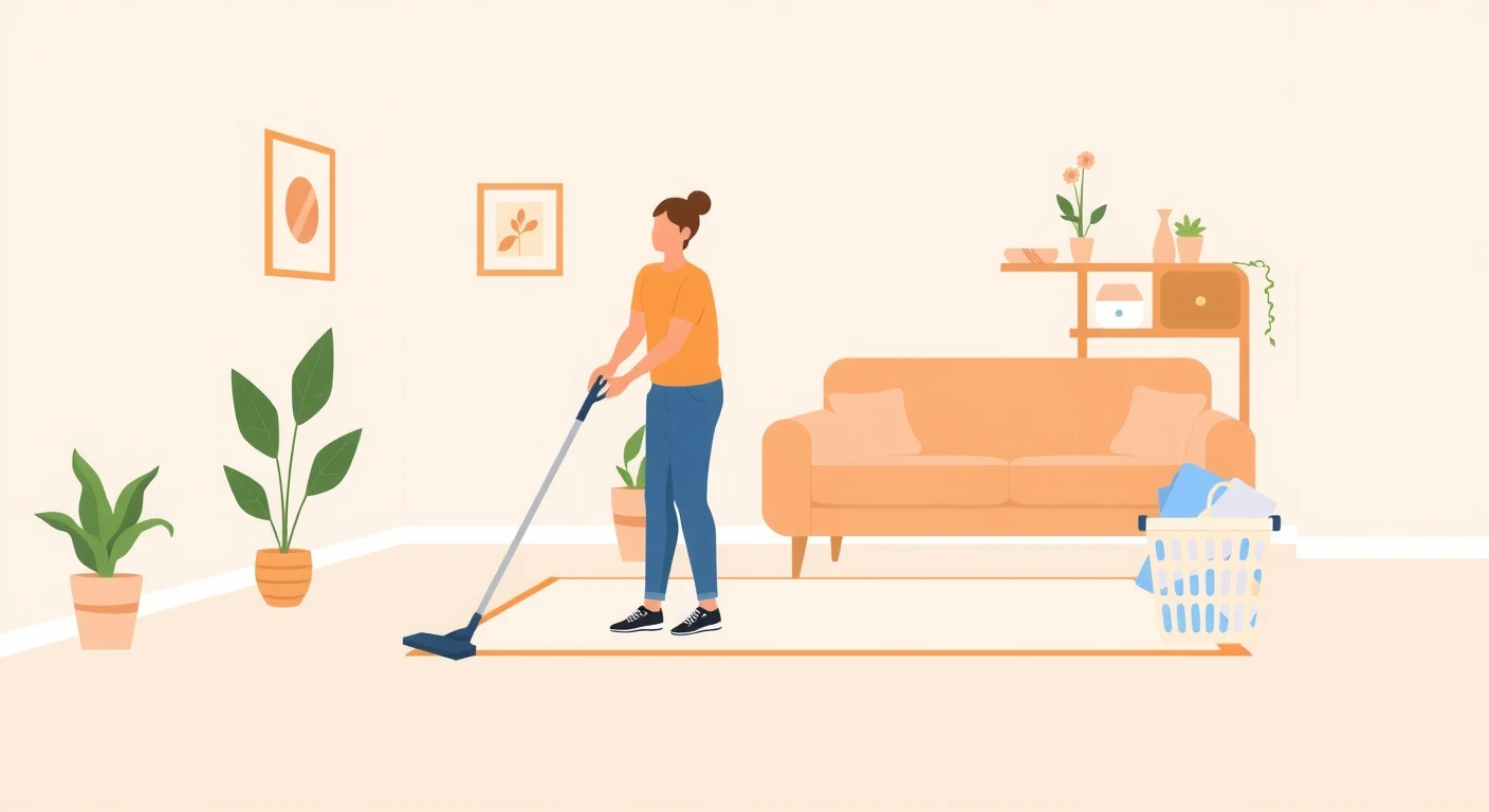 Flat illustration of a person vacuuming a living room