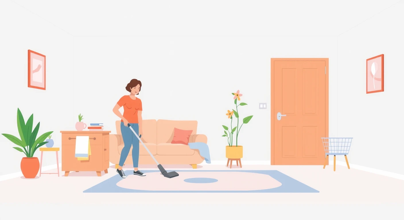 Flat illustration of a person vacuuming a living room