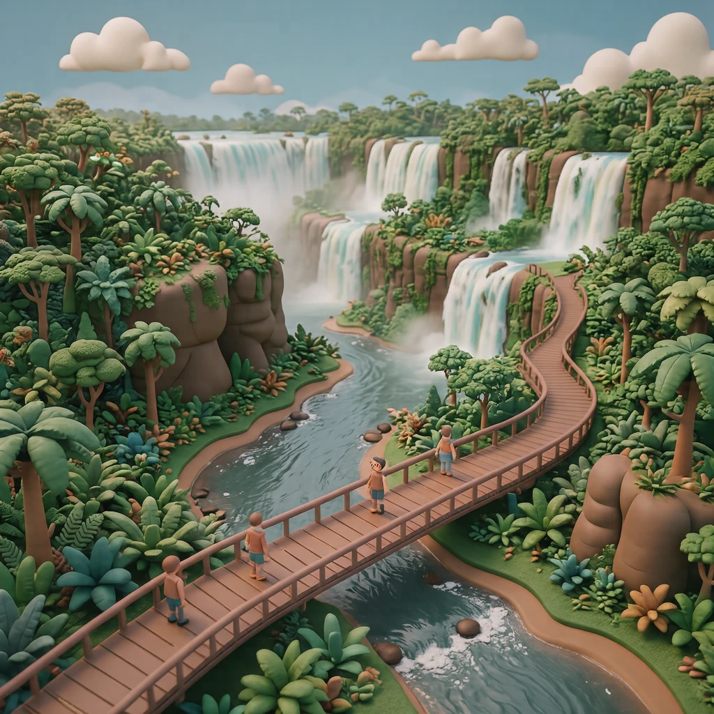 世界遺産・遊歩道から見るイグアスの滝のイラスト(ソフト3D)