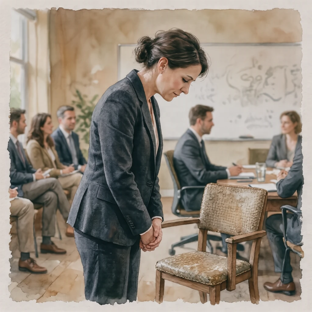 Illustration of an applicant bowing at a job interview (watercolor)